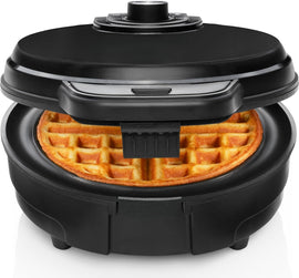 Waffle Maker w/Shade Selector, Temperature Control, Mess Free Moat, Round Iron w/Nonstick Plates & Cool Touch Handle, Measuring Cup Included