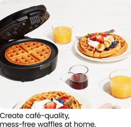 Waffle Maker w/Shade Selector, Temperature Control, Mess Free Moat, Round Iron w/Nonstick Plates & Cool Touch Handle, Measuring Cup Included